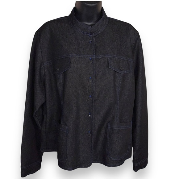 LARGE DARK BLUE DENIM BLAZER JACKET FRANCESCA ROSE WOMENS MANDARIN COLLAR - Picture 1 of 13